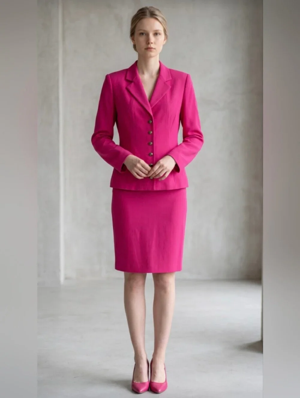 SAG HARBOR! FUSCHIA PINK, 6 BUTTON, 2 PC SKIRT & JACKET, BLAZER SUIT SET! SZ 10